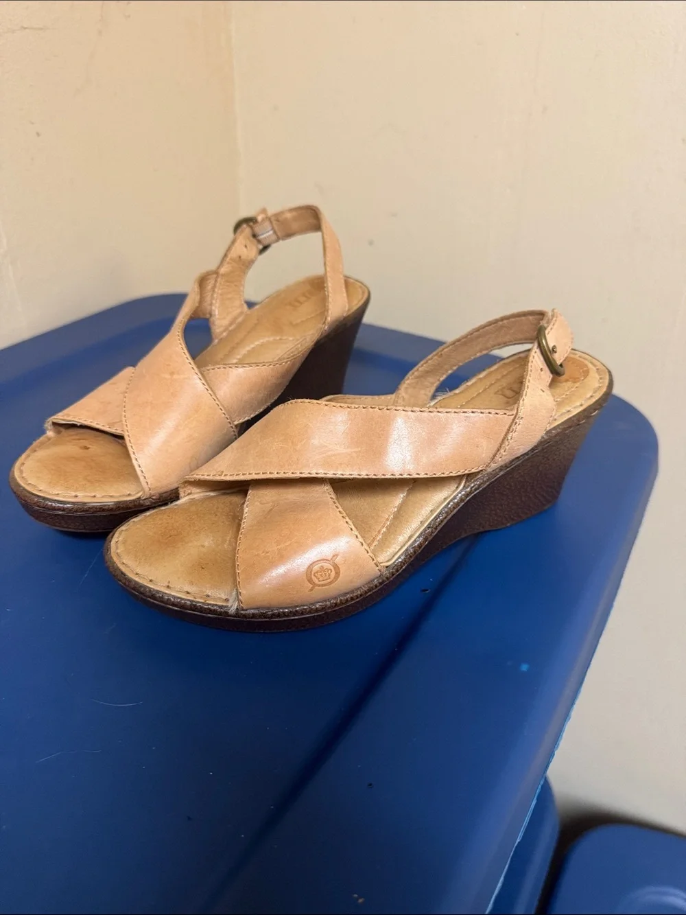 Born Tan Leather Crisscross Wedge Sandals